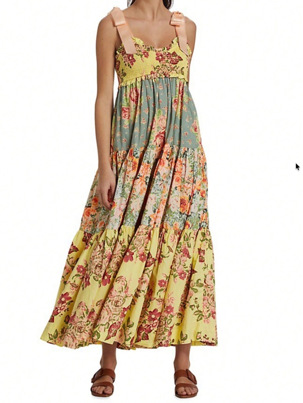 Boho Multicolor Floral Print Shirred Shoulder Tie Ruffle Hem Dress - Picture 1 of 4